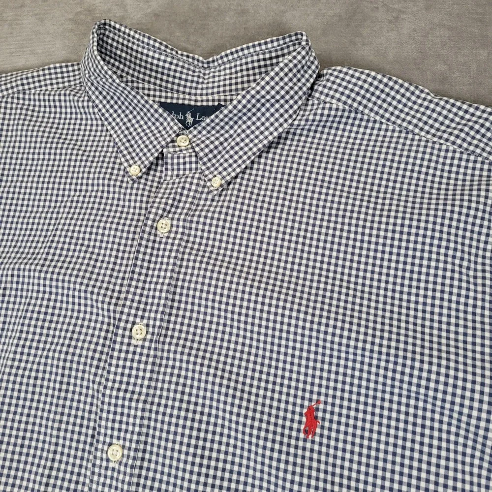 Ralph‎ Lauren Y2K Button Up Shirt Mens 4XB Blue Gingham Classic Fit Long Sleeve